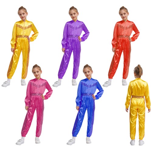 Girls Romper Glitter Jumpsuit Satin Bodysuits Competition Costume Sequins Jazz - Picture 4 of 71