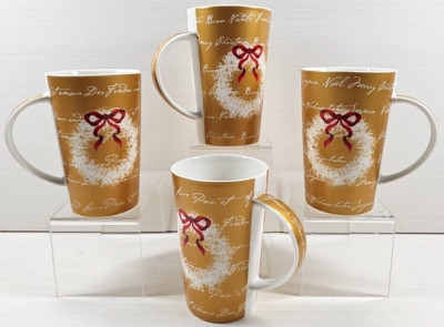 4 Maxwell & Williams Christmas Wreath Mugs Set Gold White Words Coffee Cups Lot