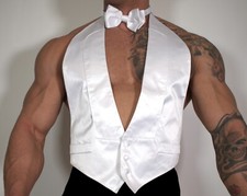 MEN'S WHITE SATIN VEST  MATCHING BOW TIE SET LARGE