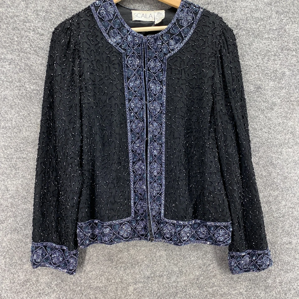 Scala блузка женщин S маленький черный ворота длинным рукавом шелк со стразами повседневный - Изображение 4 из 4