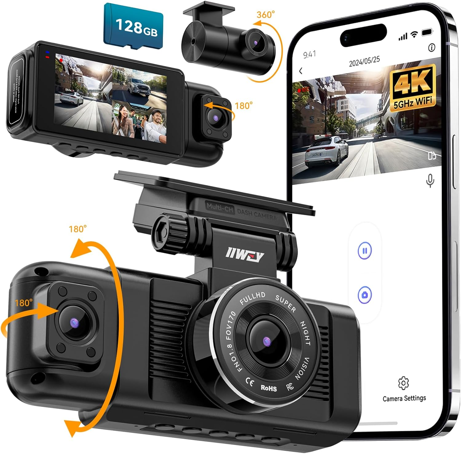 N7 3 Channel Dash Cam 3K Front Rear Inside 1080P with 128GB SD Card and GPS