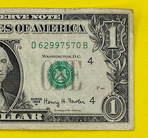 Vintage Series 1963A Fancy Serial Number $1 Dollar Bill D 62997570 B RARE FRN DC - Picture 8 of 10