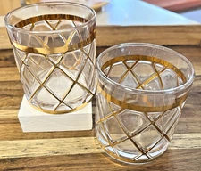 Pair Vintage MCM ALTUZARRA Gold Lattice Lowball Cocktail Glass Whiskey Bar