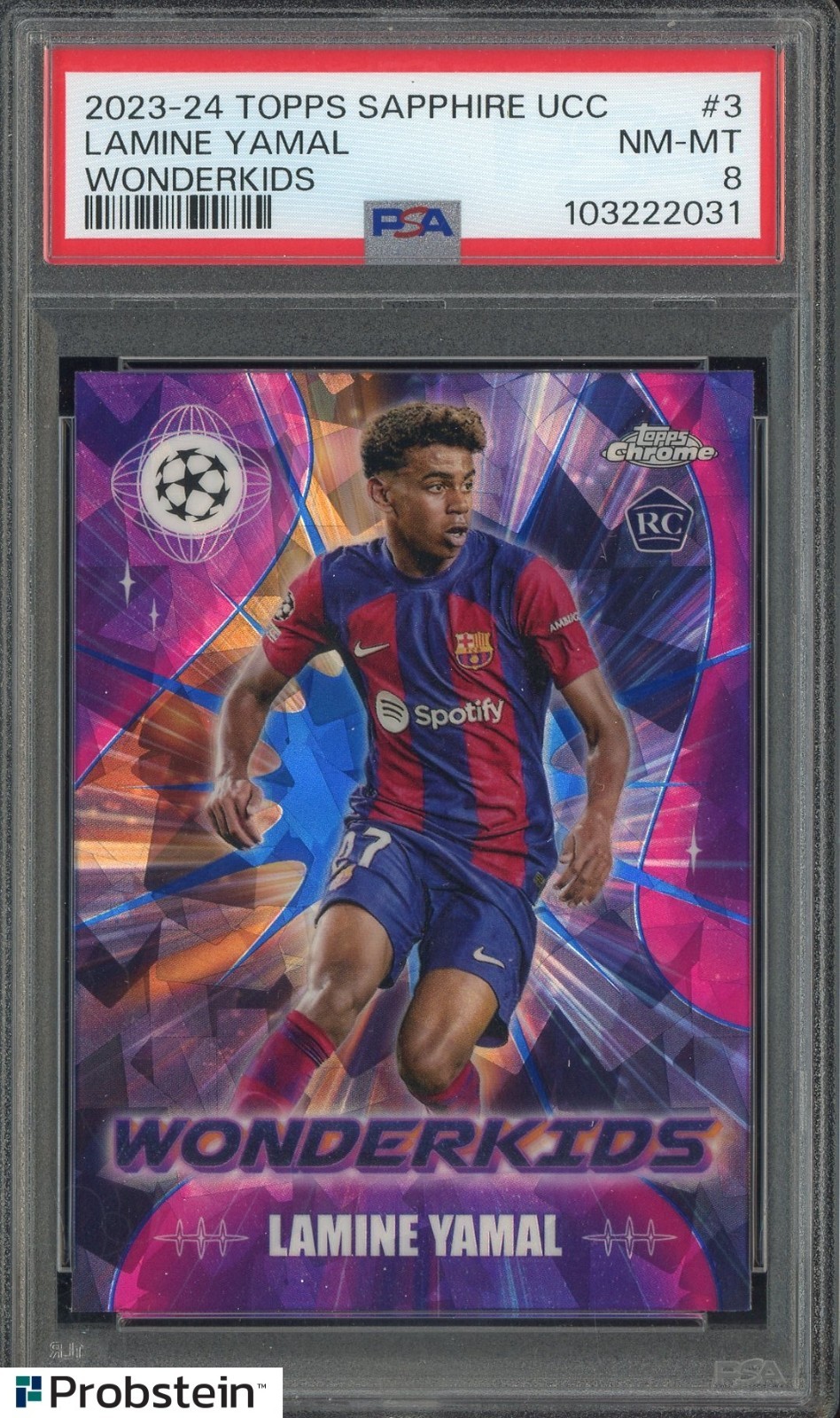 2023-24 Topps Chrome Sapphire UCC Soccer Wonderkids #3 Lamine Yamal RC PSA 8