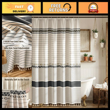 Boho Farmhouse Shower Curtain Set, Rustic Faux Linen with Tassels, 72"x84" Beige