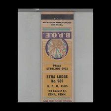 Matchbook Cover BPOE Elks Lodge No. 932 Etna, PA