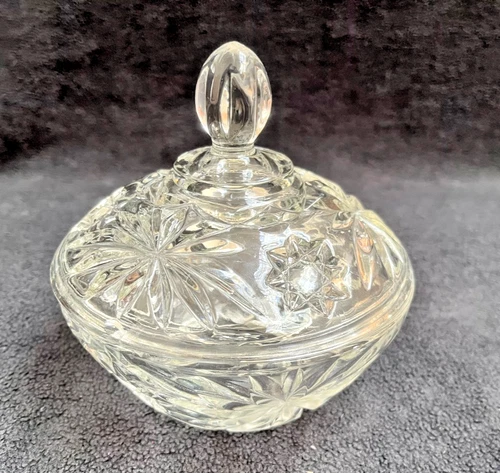 VTG Anchor Hocking Star of David Clear Glass Candy Dish w/ Lid Starburst EAPG 5"