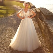 Stylish V-neck Wedding Dress Detachable Sleeve Backless Lace Applique Bride Gown