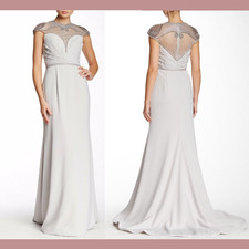 NWT 847 TERANI COUTURE SZ 8 Embellished Yoke Gown in Silver M380