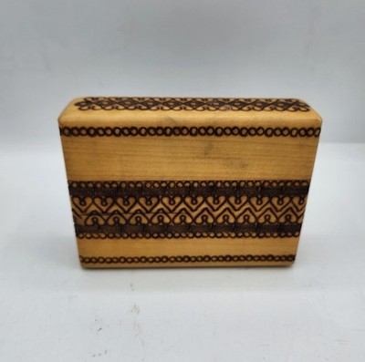 Vintage Polish Pyrography Carved Wooden Playing Card Box With 2 Sections