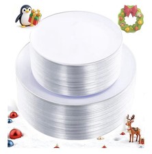100PCS Silver Plastic Plates - Heavy Duty White Disposable Plates with Silver
