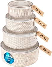 Serving Bowls, with Lids, Ceramic Mixing Bowls, Nesting, Set of 4, Embossed