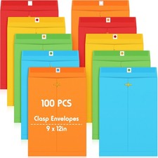 100 Pcs Clasp Manilla Envelopes 9 x 12 Inch Gummed Colored Envelopes for Stor...