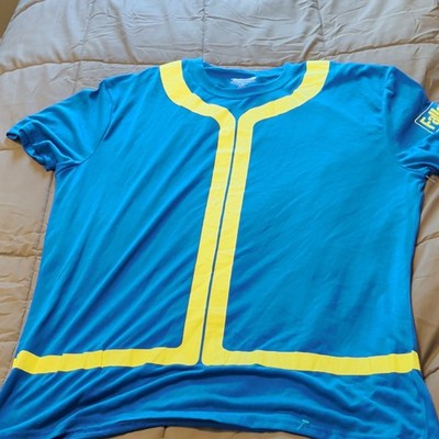Bethesda Fallout Vault Dweller t-shirt blue and yellow Vault-Tec uniform design.