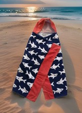 SHARKS Hooded Bath Towel Pottery Barn Kids Wrap 100 Cotton 30x50"