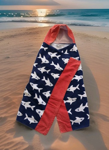 SHARKS Hooded Bath Towel Pottery Barn Kids Wrap 100% Cotton 30x50"