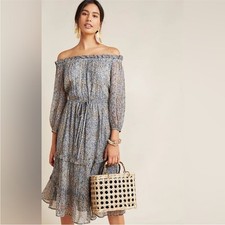 ANTHROPOLOGIE Kira Off The Shoulder Peasant Midi Dress Floral Blue NWT Size 0