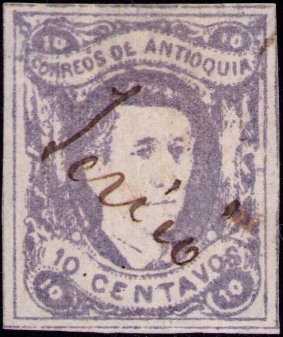 COLOMBIA - ANTIOQUIA - 10c PELURE PAPER STAMP - JERICO CANCEL - Sc 27a - 1875 RR