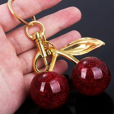 Pink Cherry Crystal Keychain Bag Charm Cute Fruit Pendant Keyring
