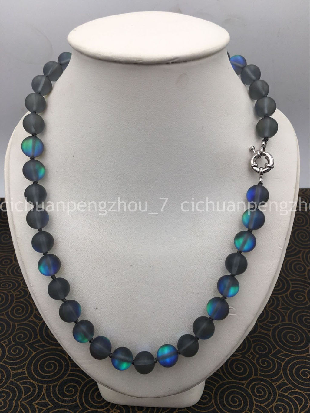 Long Rainbow Moonstone Beaded Necklace – 16-48 Inches – White Gleamy Round Beads