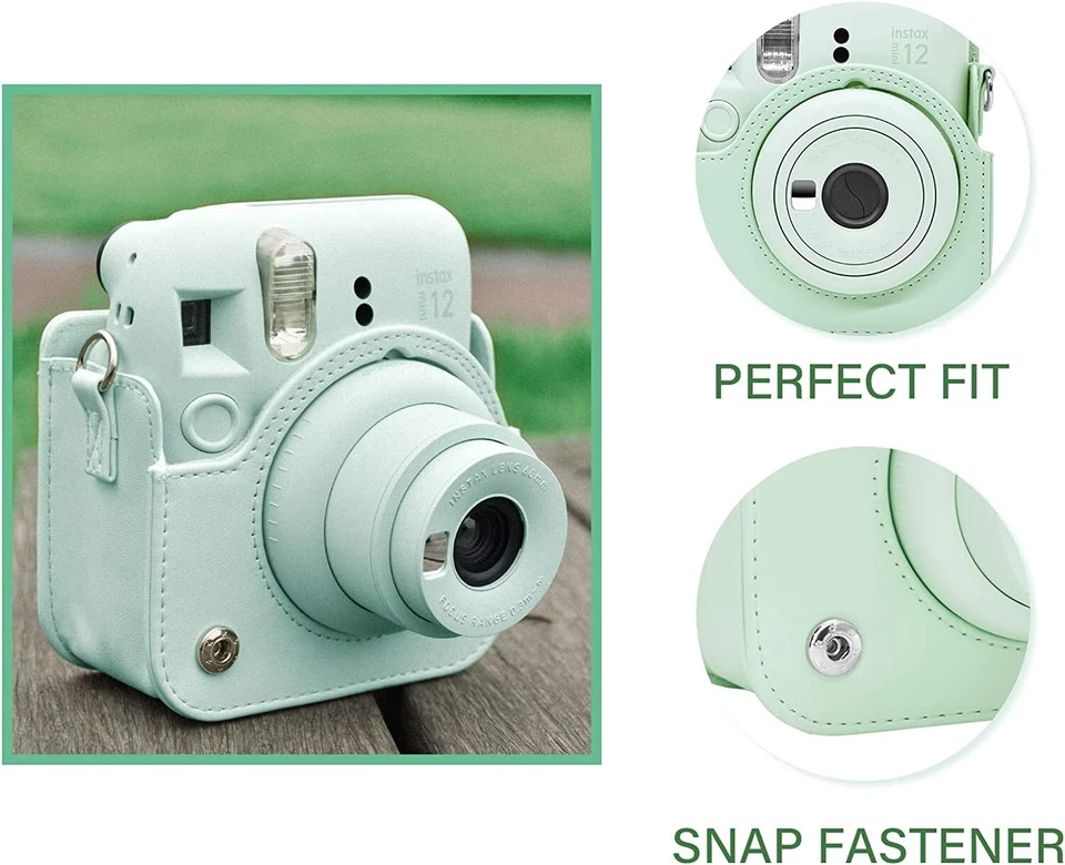 Funda de cuero PU verde menta para Fujifilm Instax Mini 12 + correa ajustable Foto 2 de 4