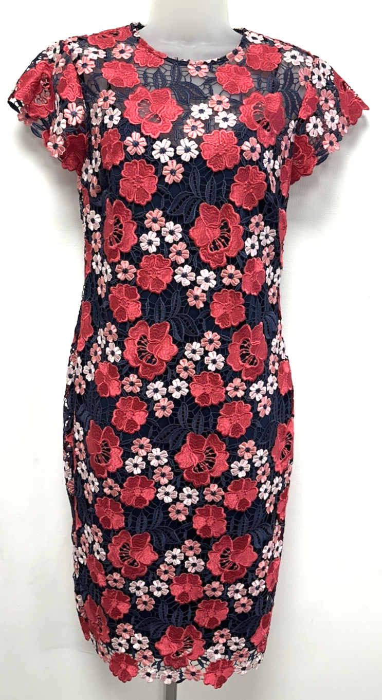 New! M&S Marks & Spencer UK10 navy/red/pink floral lace cap sleeved pencil dress
