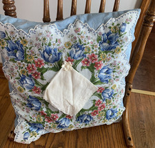 Cotton Hankie Ladie's Handkerchief Vintage Blue Tulips Flowers Pillow OOAK