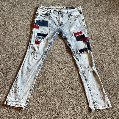 Evolution in Design Distressed Paint Splattered Slim Jeans Men's