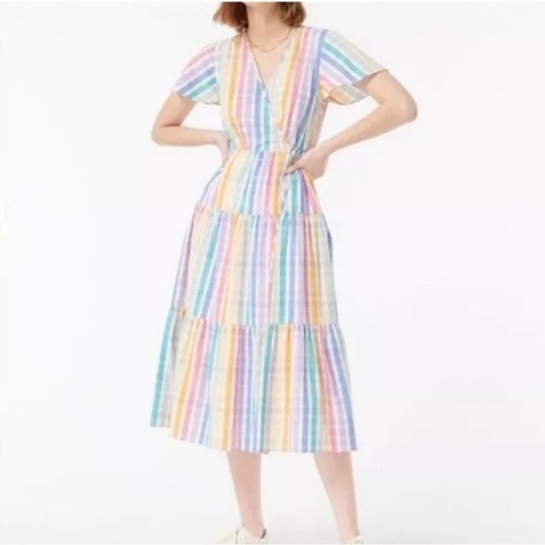 J.Crew Faux Wrap Rainbow Gingham Plaid Midi Tiered Ruffle Short Sleeve Dress 6 - Picture 9 of 16