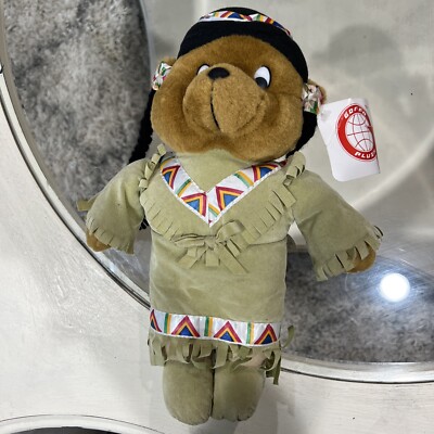 Goffa Int Toy Indian Bear Plush Stuffed Animal Green Feather 9” Native  American