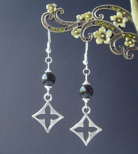 Celtic Cross and Black Agate Gemstone Bead Dangly Earrings in Gift Bag - Picture 3 of 5