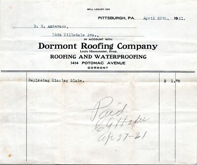 1921 Dormont Roofing Company Letterhead Invoice HAFER Pennsylvania Pittsburgh