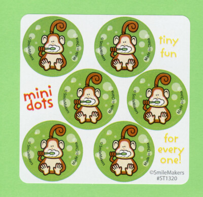 60 Brush, Floss, Smile Monkey Mini Dot Stickers -  Party Favors - Rewards