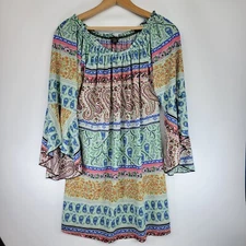 Win Win Womens Blouse Size L-XL Boho Paisley Floral Tie Sleeve Tunic Multicolor 