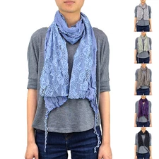 Lace Scarf Long Wave Bubble Fringe Embroidery Two Layer Sewed On Tassel Sheer