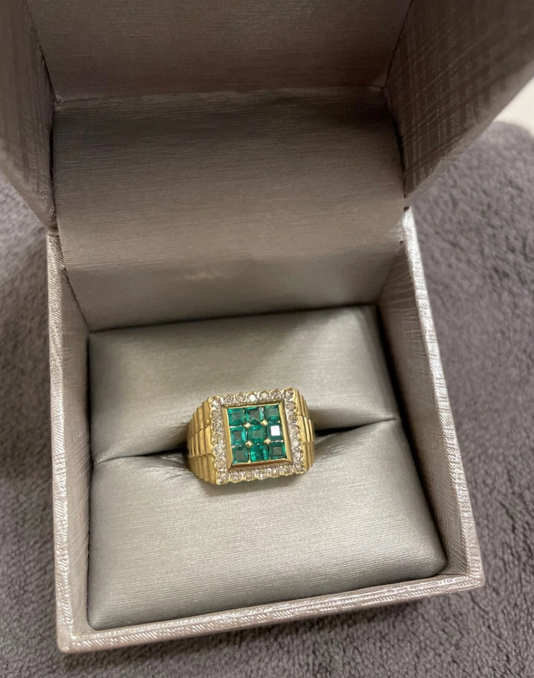 男式 14k 黄金方形戒指 带 Emeralds & Diamonds,评估文档。 — 第 3/4 张图片
