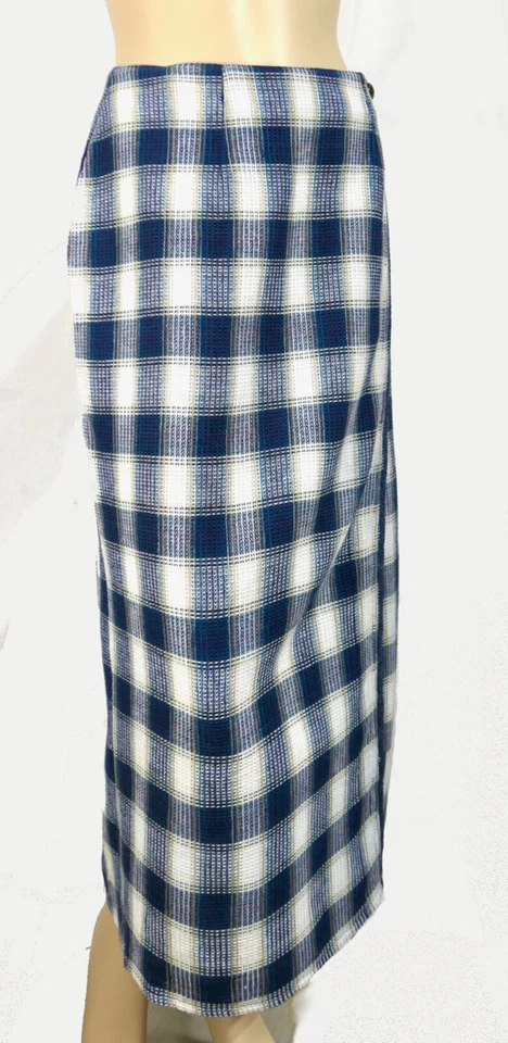 Maxi Falda de Colección Años 90 Envolvente Azul Tostado Tartán Cuadros Textura Gofre Country L Foto 4 de 4