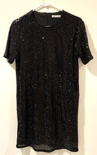 DEX Black Sequin Dress Short Sleeves Mini Size XS Back 4.5 in zipper at neck