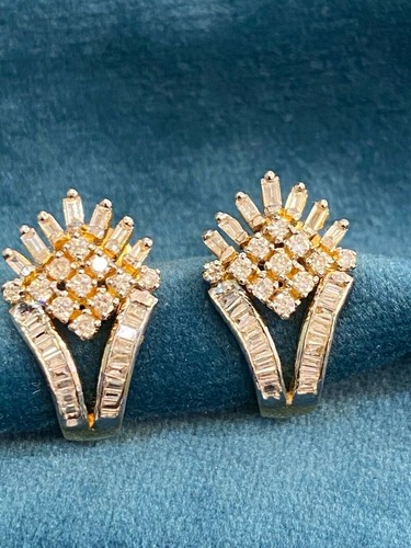 2,22 Cts Rotondo Baguette Diamanti Semicerchio Borchie Orecchini 14K Oro giallo - Foto 10 di 16