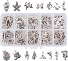 90pcs 15 Style Ocean Fish Charms Tibetan Seashell Marine Pendants Antique Sil...