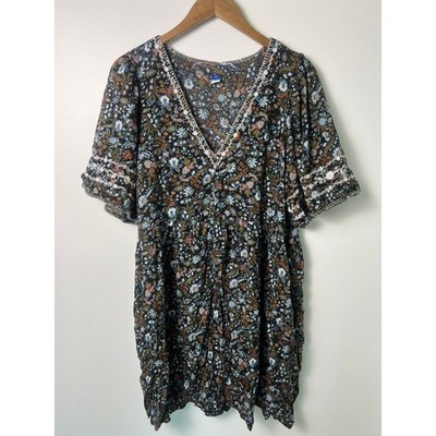 Old Navy Floral Mini Dress XL Black Boho Chic Embroidered V-Neck Flutter Sleeve