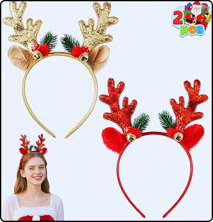 2 BANDAS PARA EL CABELLO DORADAS Y ROJAS brillantes cuernos de reno Navidad fiesta de vacaciones Foto 2 de 4