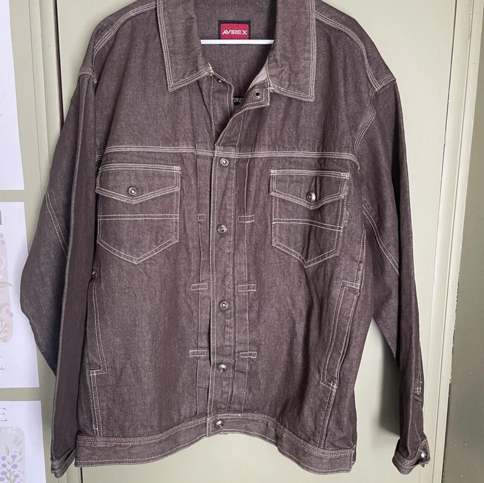 复古 Avirex 男式棕色牛仔夹克,尺寸 XXL — 第 2/4 张图片