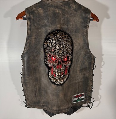 Milwaukee Leather Roulette Distressed 10 Pocket Motorcycle Vest Lg Skull Top Hat