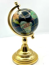 Vintage Blue Lapis Mini Glass 5" World Globe w/Gold Tone Stand W/ Abalone Shell
