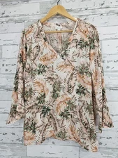 J. Jill Love Linen Womens Large 100% Linen Peach Palm Bell Sleeve Blouse