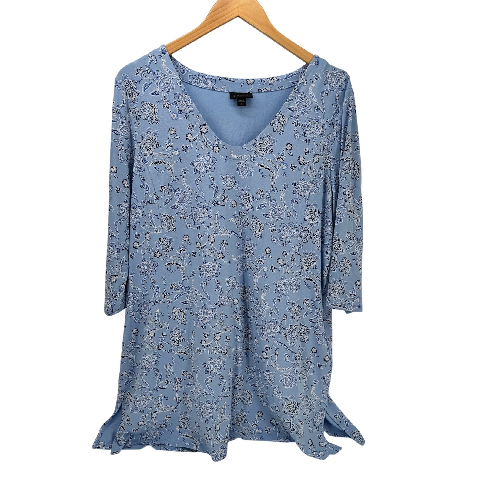 J Jill Tunic Womens Large Tall LT Blue Floral Pullover 3/4 Sleeve Coastal