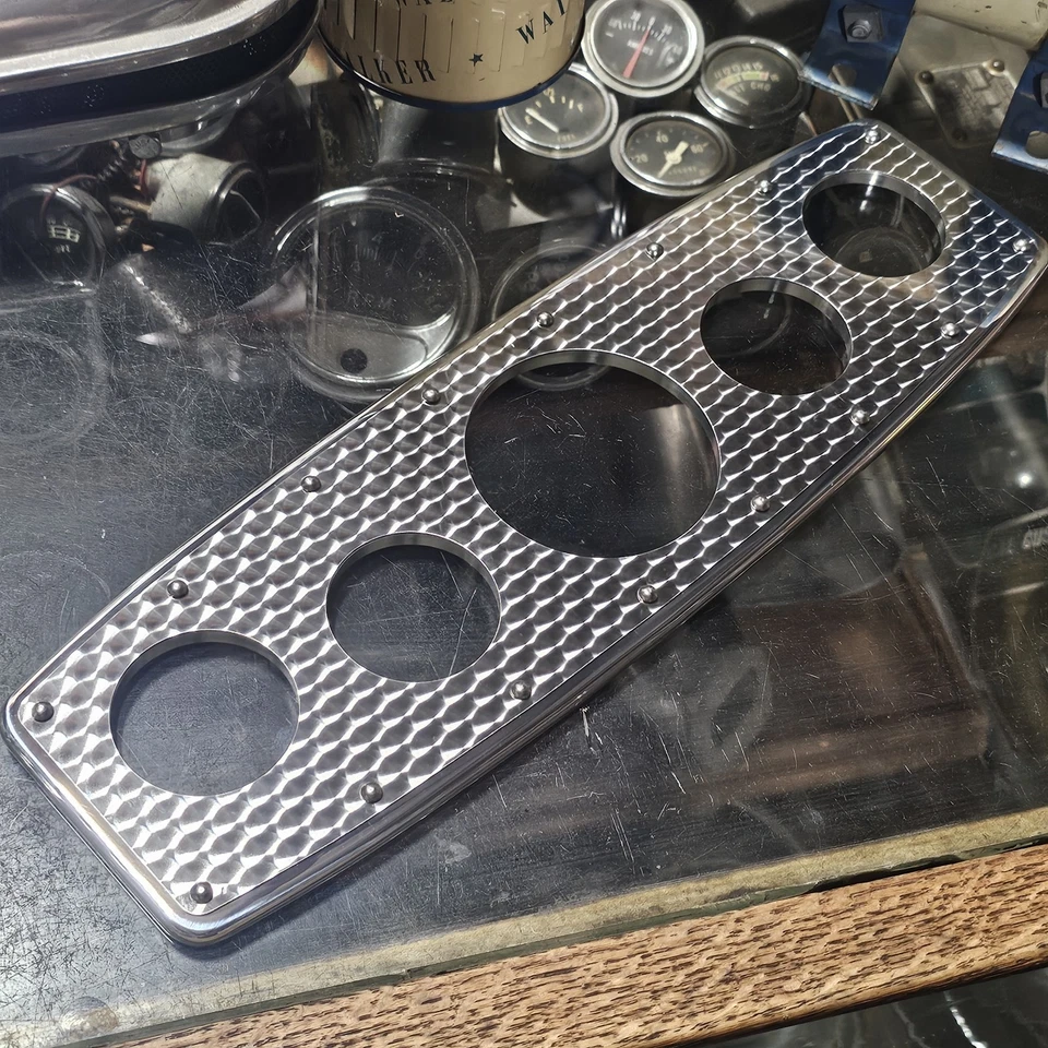 Polished Aluminum 5 Gauge Panel w Engine Turned Stainless Hot Rod Custom Dash - Image 4 of 4