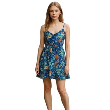 Aqua Blue Multicolor Floral Fit & Flare Mini Dress xSmall Preowned