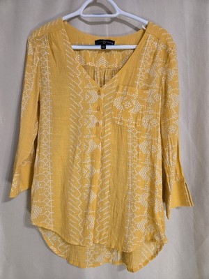 Women's Vibrant Mustard Yellow Top by FRED DAVID Size Small With White Geometric